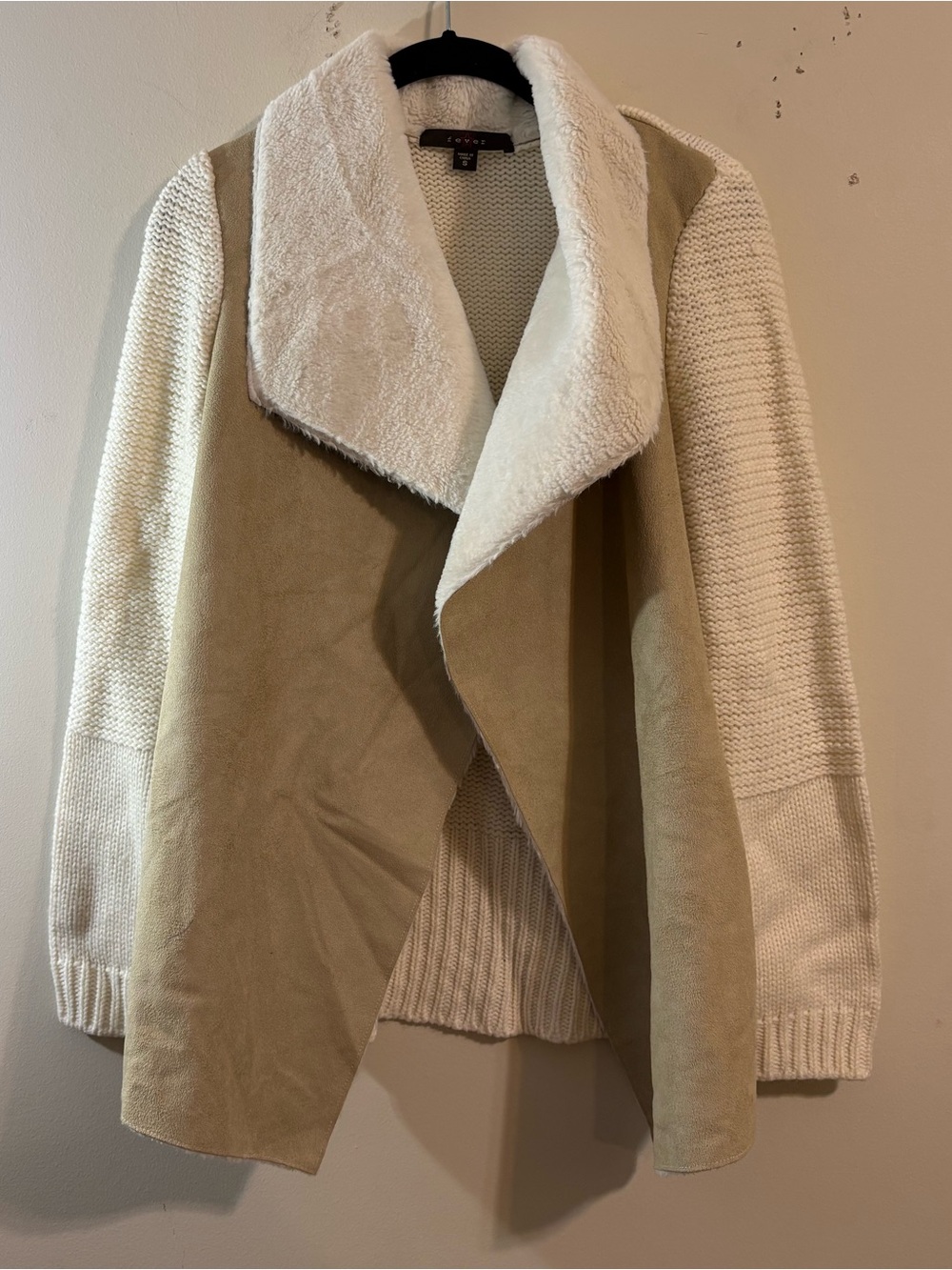 Fever jacket women’s small tan cream cascade collar soft Sherpa knit sleeves